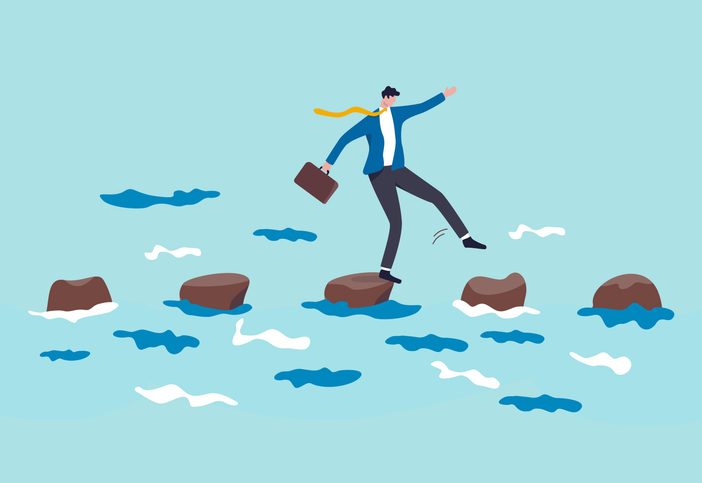 Stepping stones to success, progress or milestone pathway to achieve target, small step to overcome difficulty, development stages concept, confidence businessman stepping on stones across ocean.